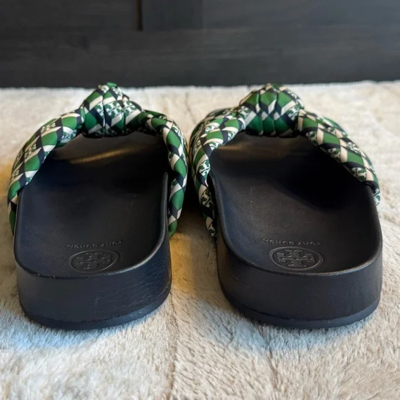 NEW Tory Burch Puffy Knotted Anatomic Slide Fabric Sandals in Geo Logo Green - Picture 7 of 9